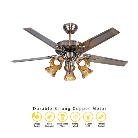 Qulik Luxoria UL 52" -Glass Flower Lampshade Copper Motor Remote Control Under-light Ceiling Fan Fan Q-8118-AB