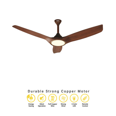 Qulik Aerovane 52" Modern Decorative Silent ABS Blade Remote Under Light Ceiling Fan (Dark Wooden) Q-6572-DW-UL