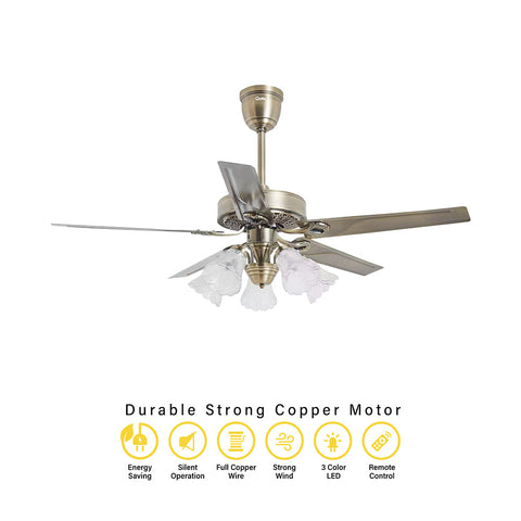 Qulik Luxoria UL 52" -Glass Flower Lampshade Copper Motor Remote Control Under-light Ceiling Fan Fan Q-8118-AB