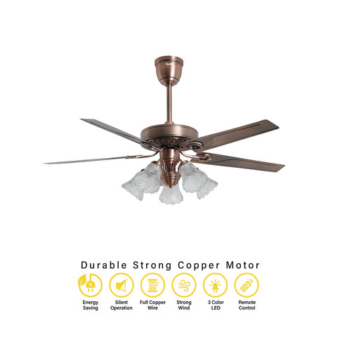 Qulik Luxoria UL 52" -Glass Flower Lampshade Copper Motor Remote Control Under-light Ceiling Fan Q-8118-AC