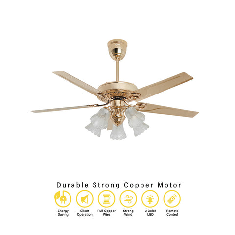 Qulik Luxoria UL 52" -Glass Flower Lampshade Copper Motor Remote Control Under-light Ceiling Fan Q-8118-NG