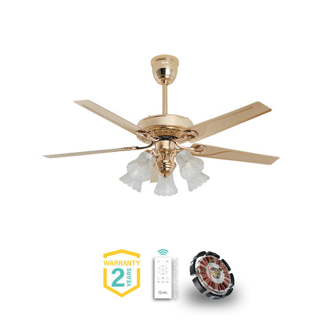 Qulik Luxoria UL 52" -Glass Flower Lampshade Copper Motor Remote Control Under-light Ceiling Fan Q-8118-NG