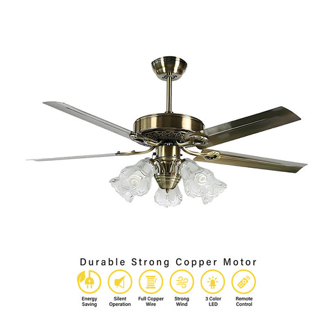 Qulik Luxoria UL 52" -Glass Flower Lampshade Copper Motor Remote Control Under-light Ceiling Fan Q-8118-AC