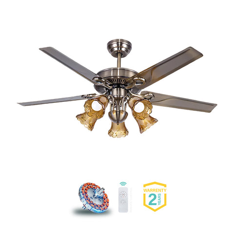 Qulik Luxoria UL 52" -Glass Flower Lampshade Copper Motor Remote Control Under-light Ceiling Fan Fan Q-8118-AB