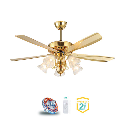 Qulik Luxoria UL 52" -Glass Flower Lampshade Copper Motor Remote Control Under-light Ceiling Fan Q-8118-NG