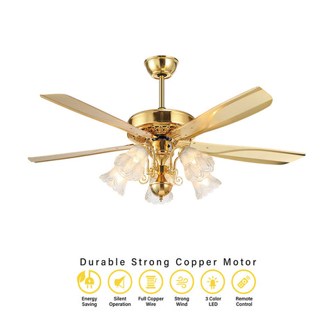 Qulik Luxoria UL 52" -Glass Flower Lampshade Copper Motor Remote Control Under-light Ceiling Fan Q-8118-NG