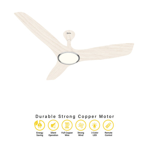 Qulik Aerovane 52" Modern Decorative Silent ABS Blade Remote Under Light Ceiling Fan (White Wood) Q-6572-WW-UL